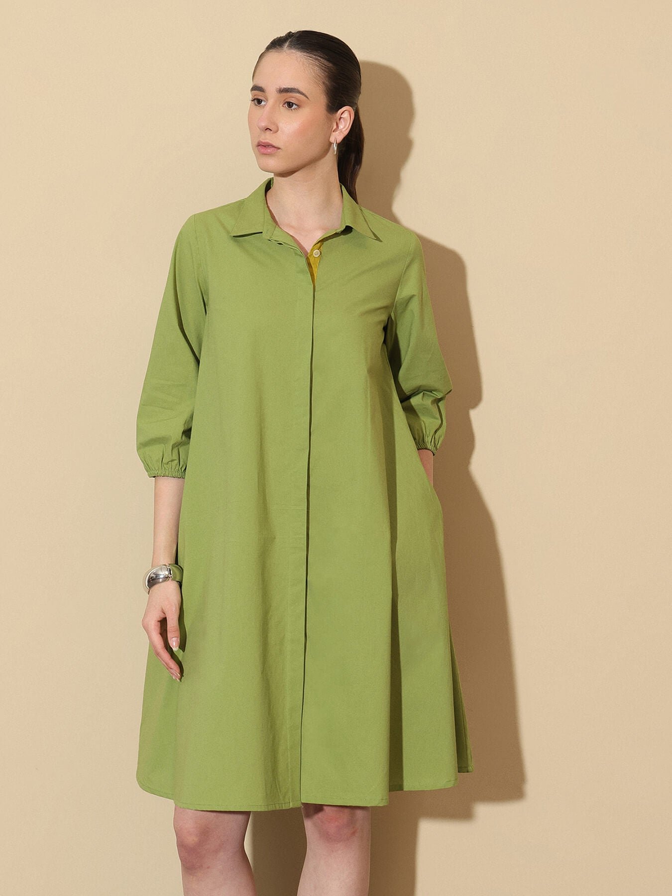 Cotton Colourblock Shirt Collar Dress - Green