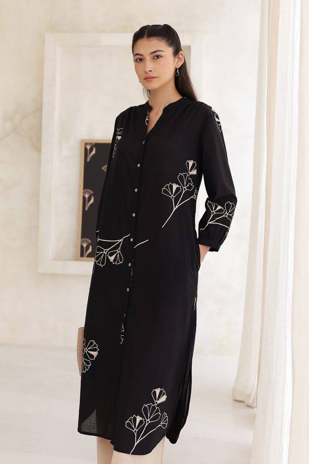 Cotton Floral Straight Kurta - Black