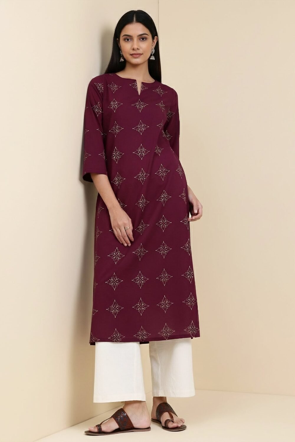 Cotton Floral Straight Kurta - Magenta