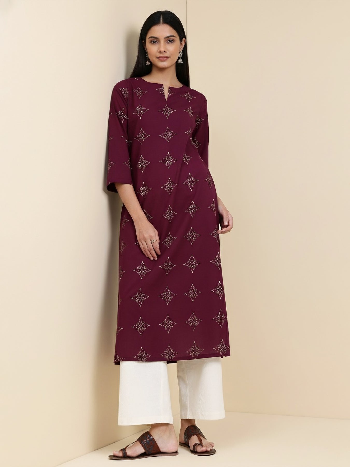 Cotton Floral Straight Kurta - Magenta