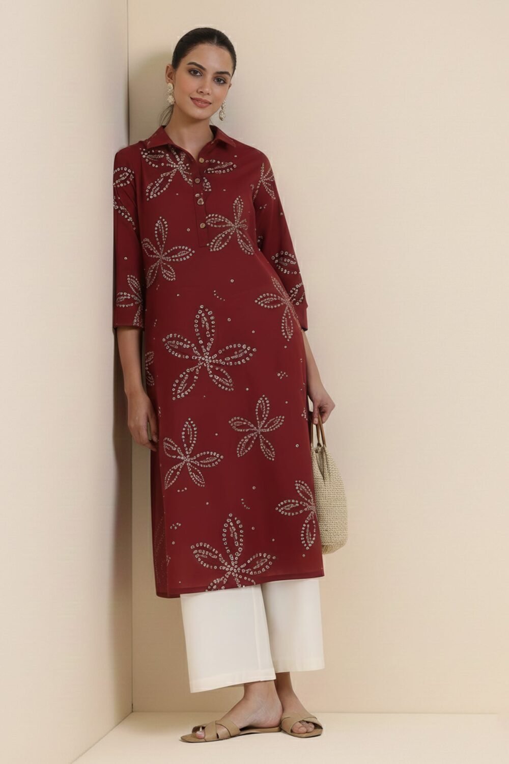 Cotton Bandhani Floral Shirt Kurta - Rust