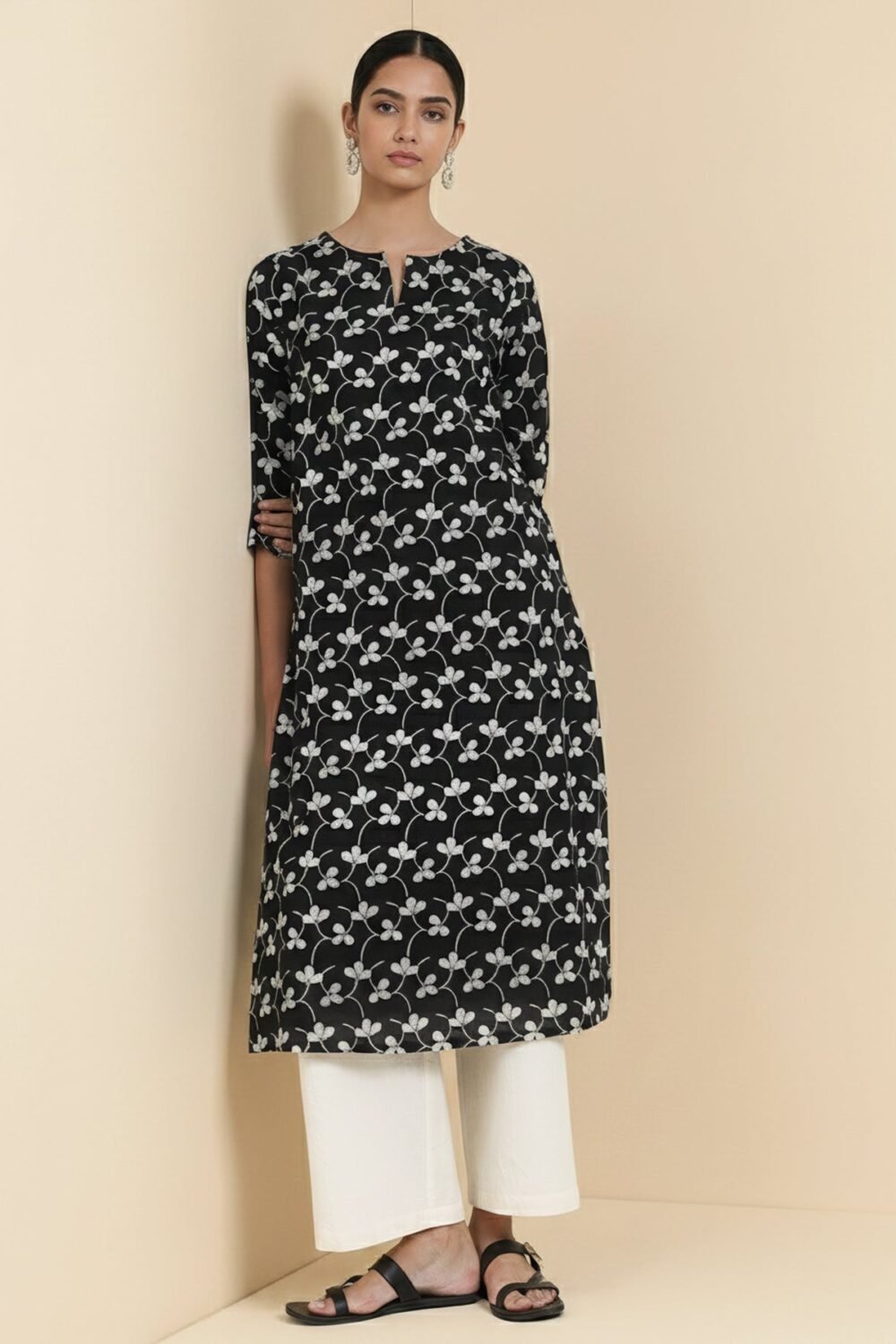 Cotton Floral Straight Kurta - Black
