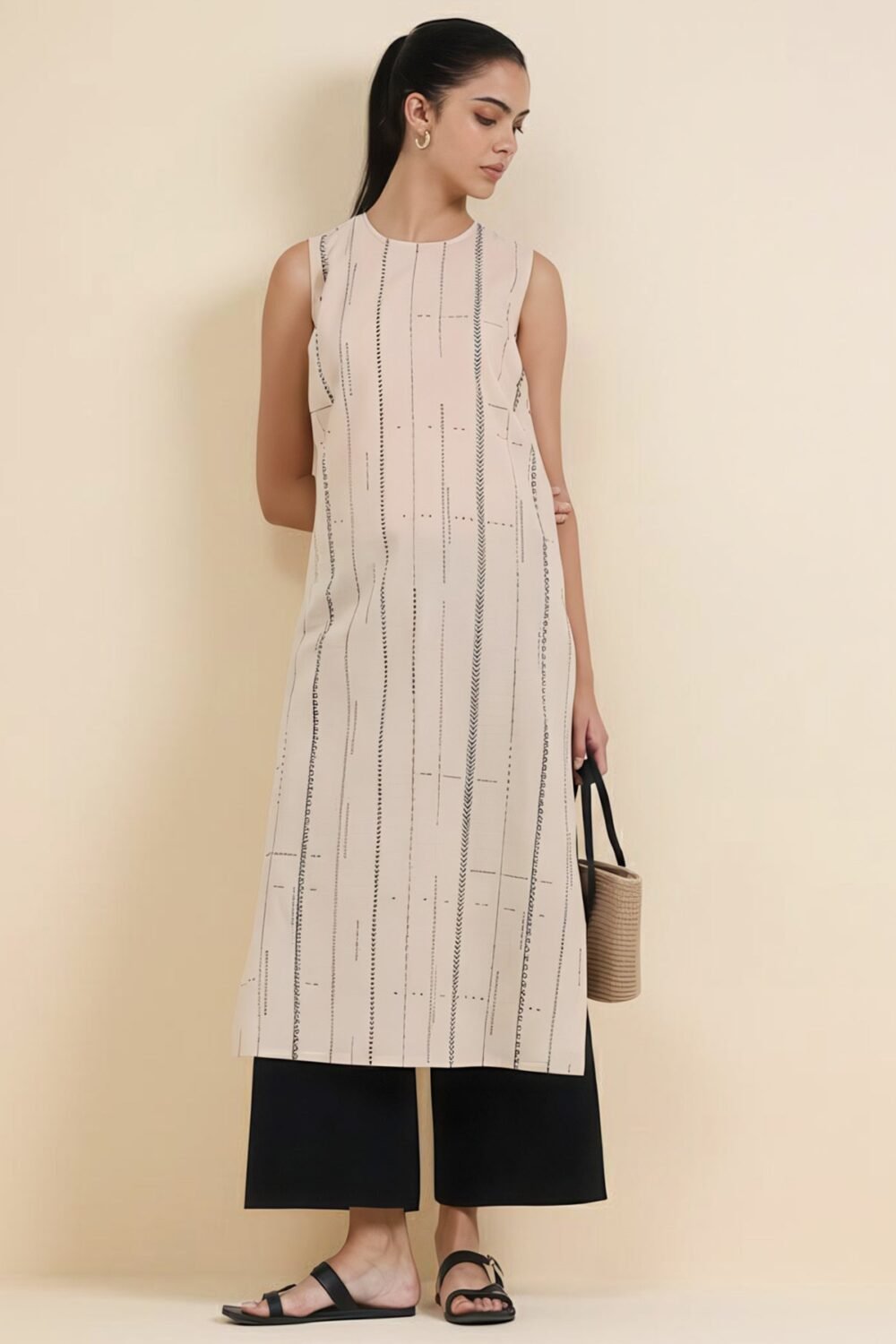 Cotton Striped Sleeveless Kurta - Beige