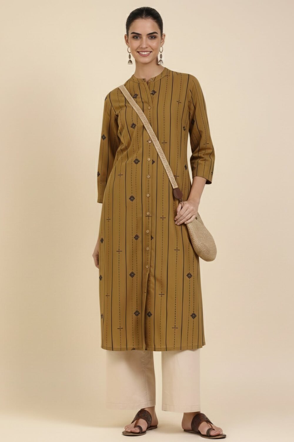 Cotton Striped Flared Kurta - Mustard