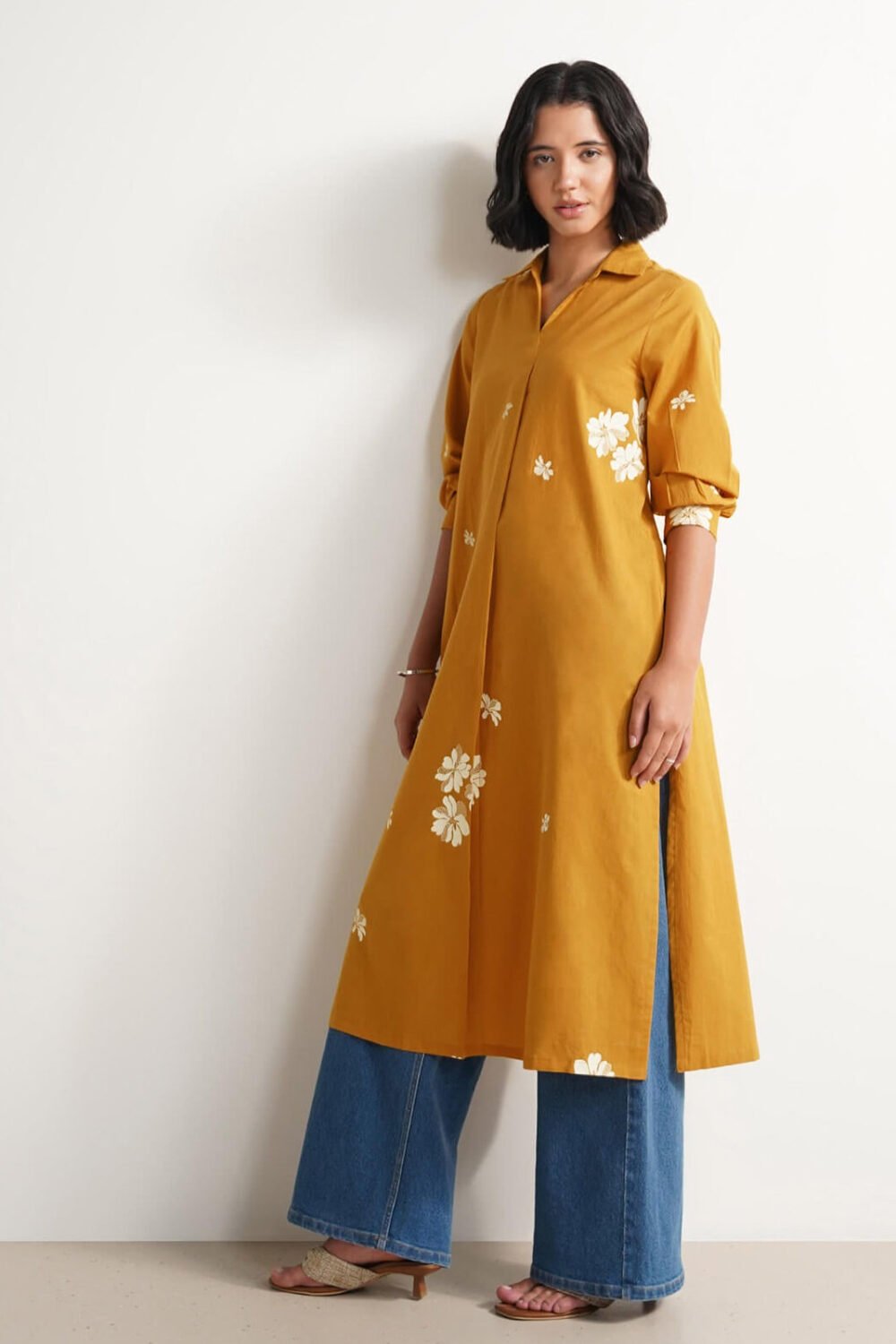 Cotton Floral Straight Kurta - Mustard