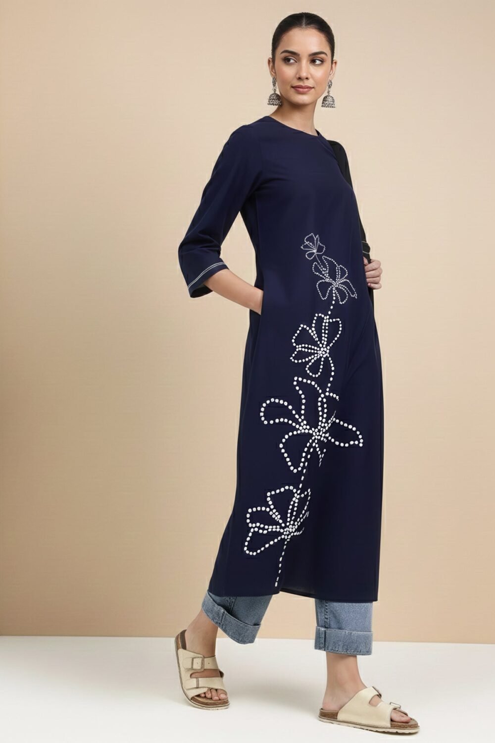 Cotton Floral Straight Kurta - Navy Blue