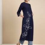 Cotton Floral Straight Kurta - Navy Blue