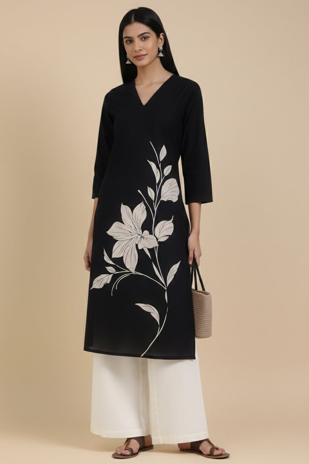 Cotton Floral Straight Kurta - Black