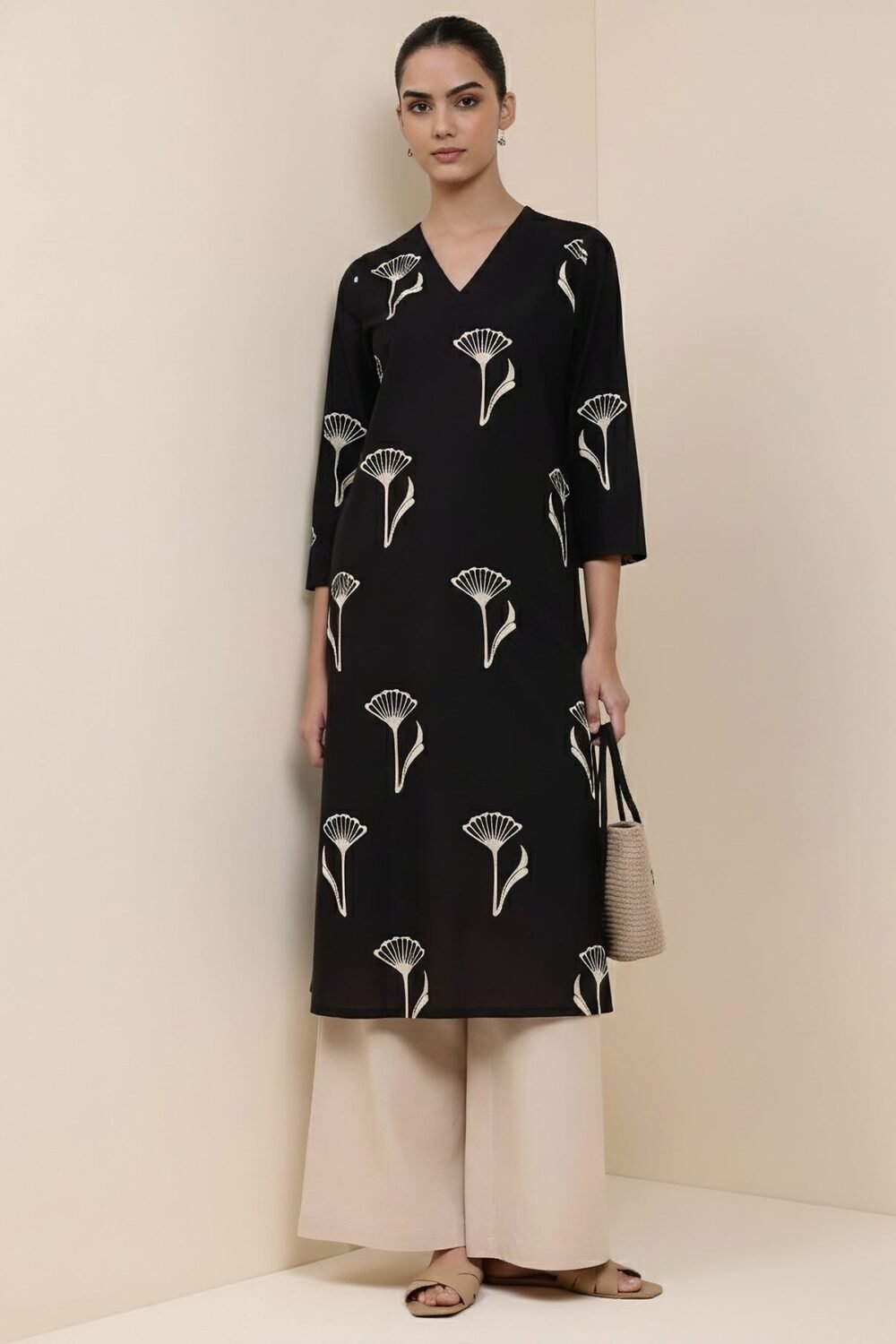 Cotton Floral Straight Kurta - Black