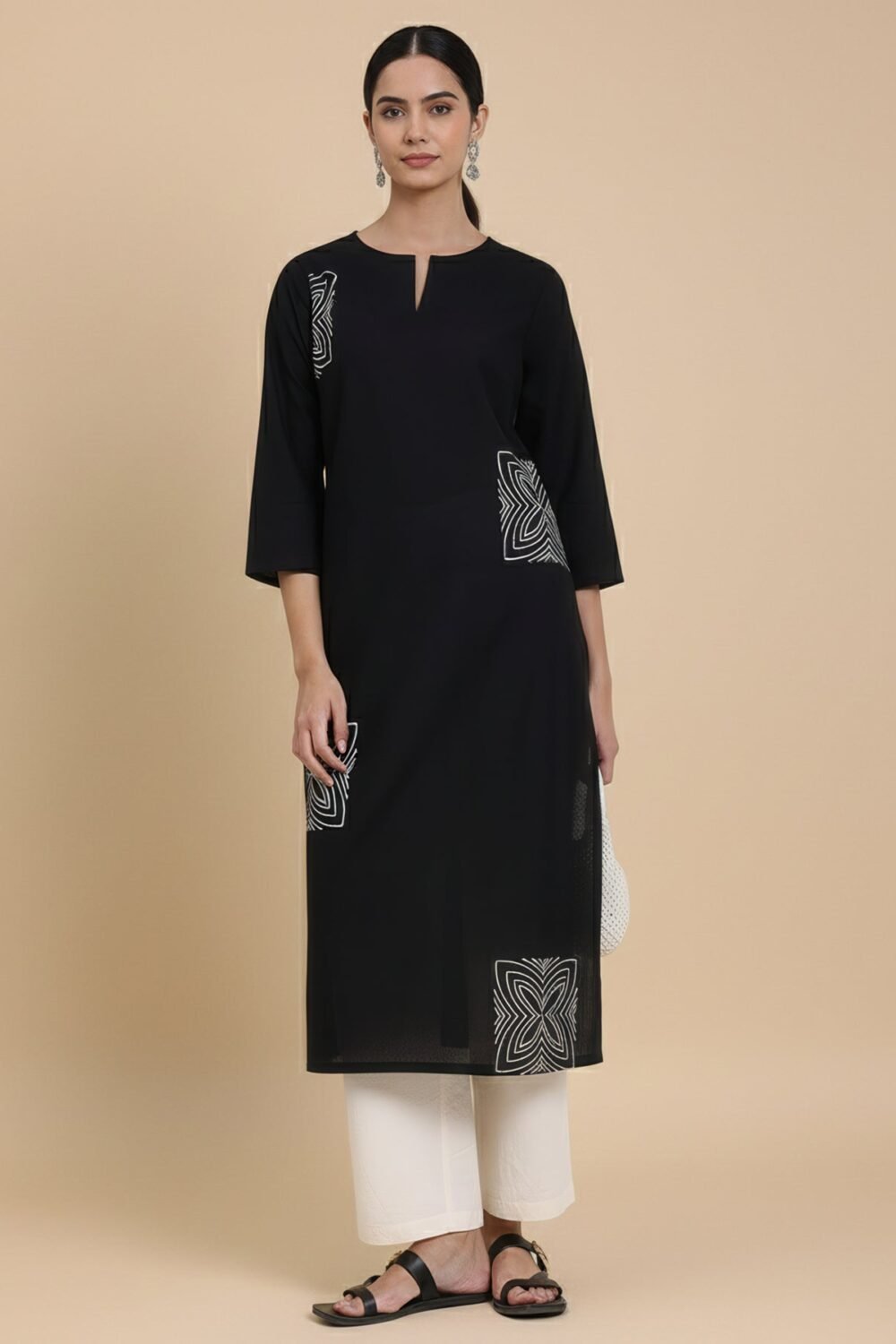 Cotton Geometric Straight Kurta - Black