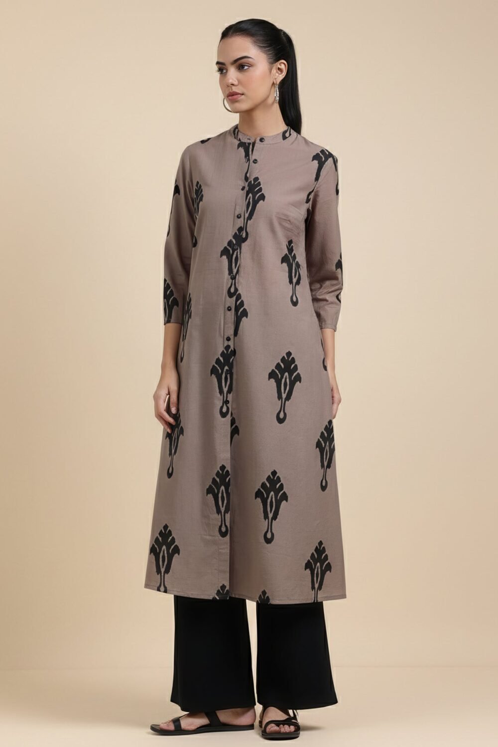 Cotton Ethnic Motif Flared Kurta - Grey