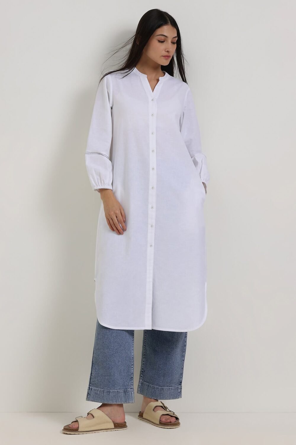 Linen Blend Solid Straight Kurta - White