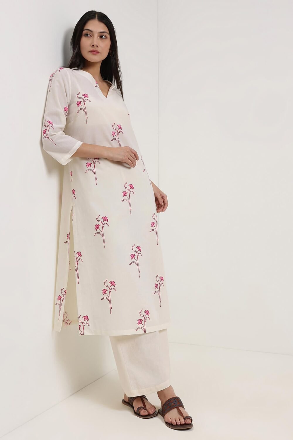 Cotton Floral Straight Kurta - Off White