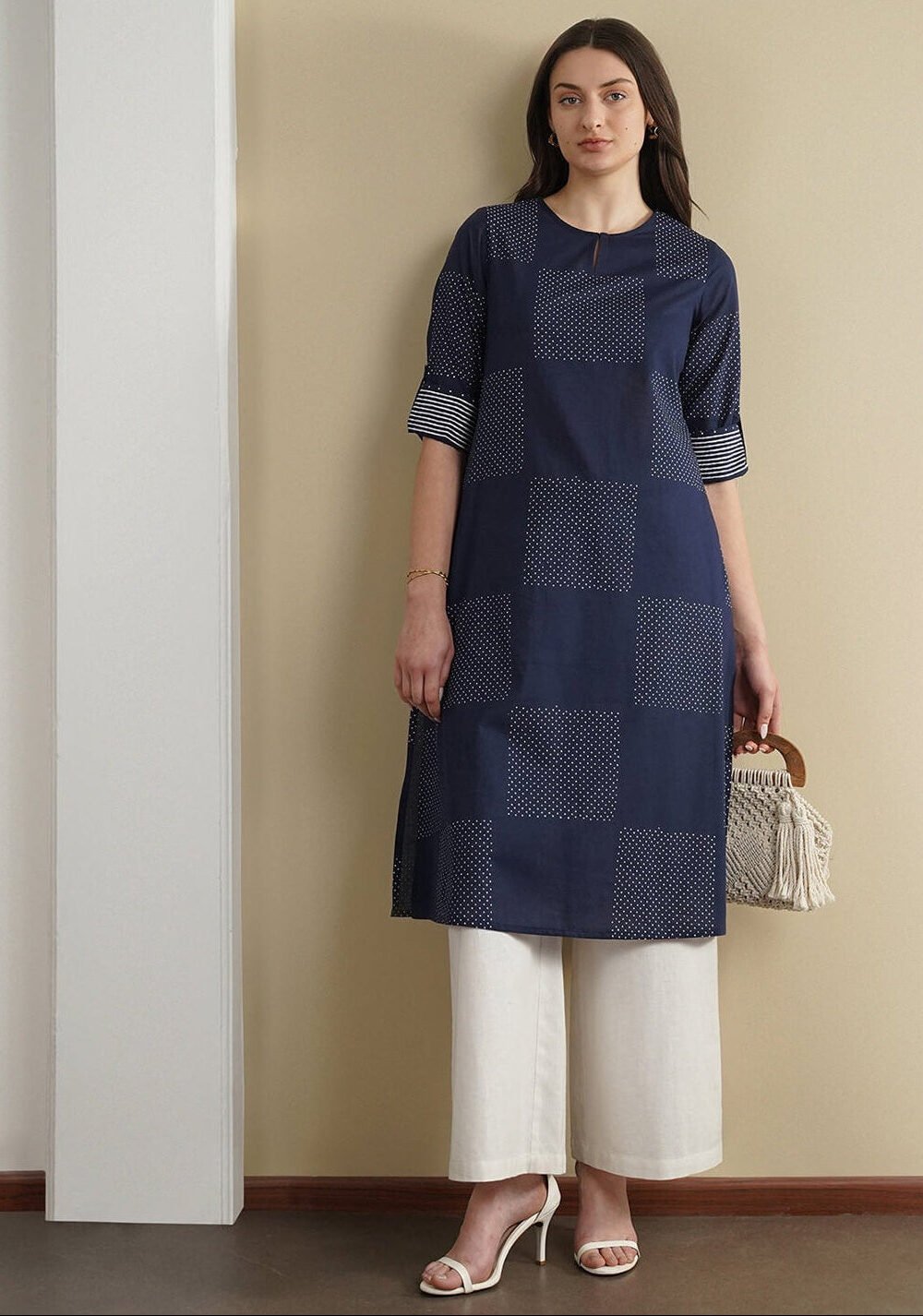 Cotton Geometric Flared Kurta - Navy Blue
