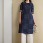 Cotton Geometric Flared Kurta - Navy Blue