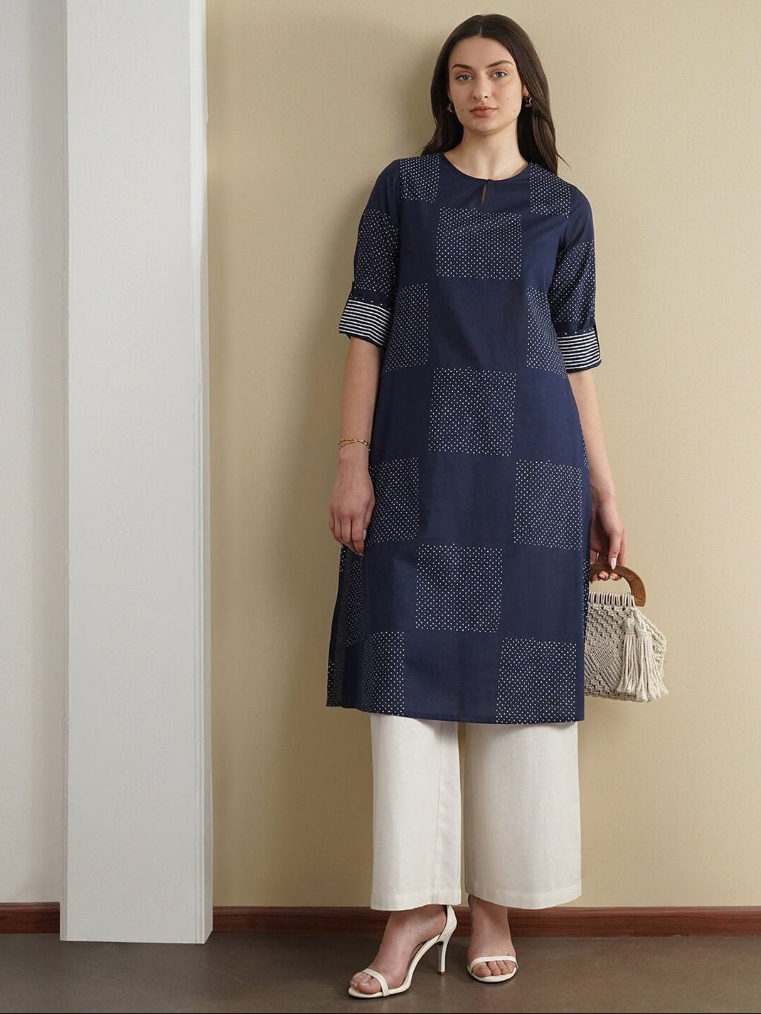 Cotton Geometric Flared Kurta - Navy Blue