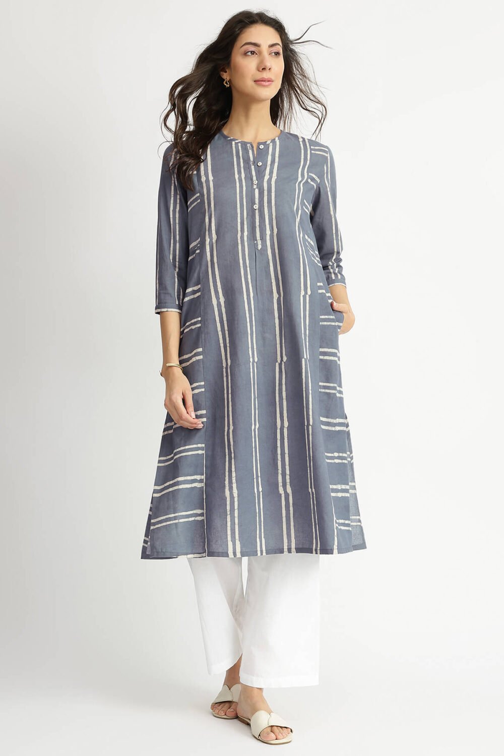Cotton Dabu Stripe Play Kurta - Grey