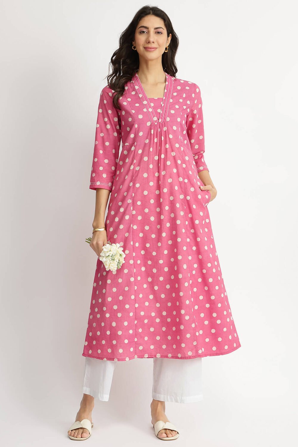 Cotton Dabu Polka Flared Kurta - Pink