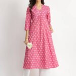 Cotton Dabu Polka Flared Kurta - Pink