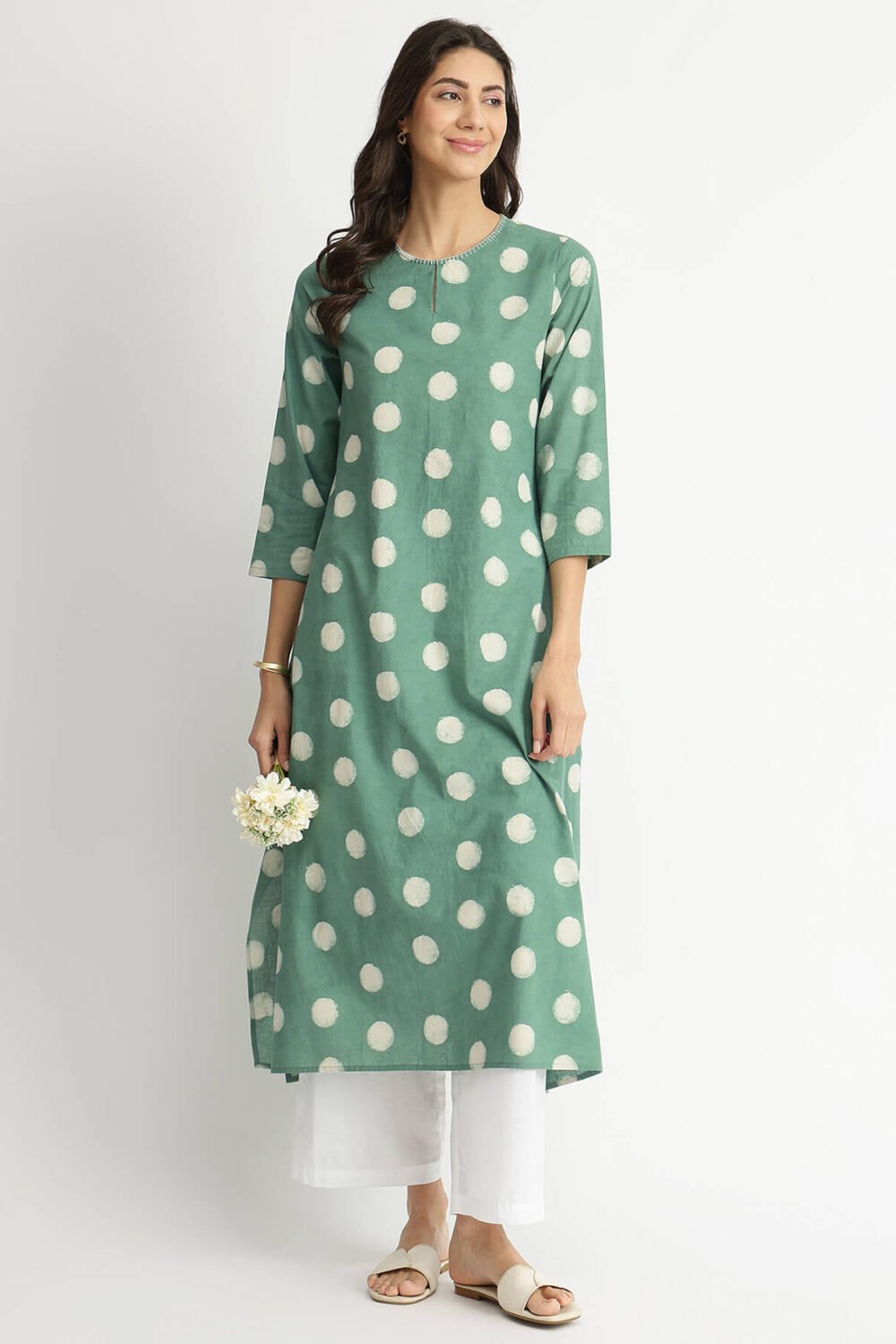 Cotton Dabu Polka Print Kurta - Green