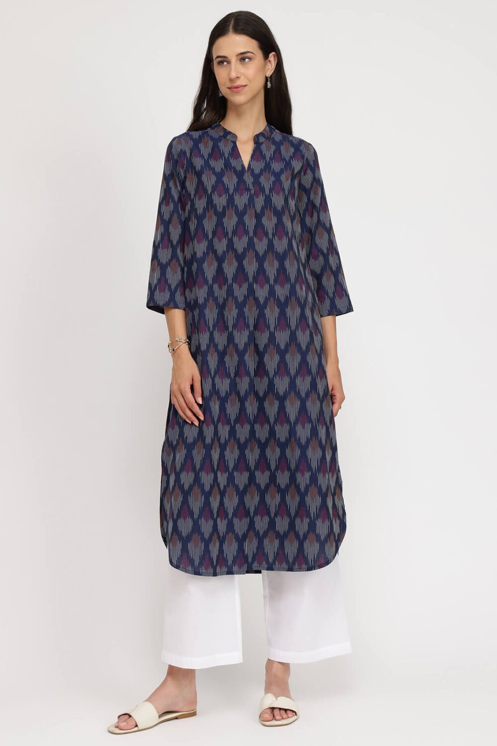 Cotton Ikat Straight Kurta - Navy Blue