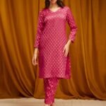 Silk Brocade V-neck Kurta - Pink