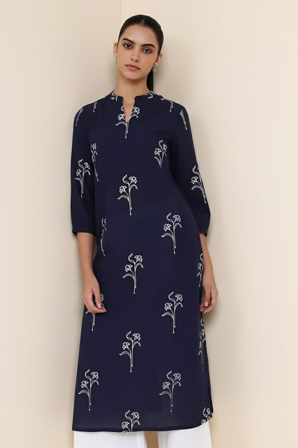 Cotton Floral Straight Kurta - Navy Blue