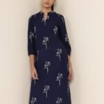 Cotton Floral Straight Kurta - Navy Blue