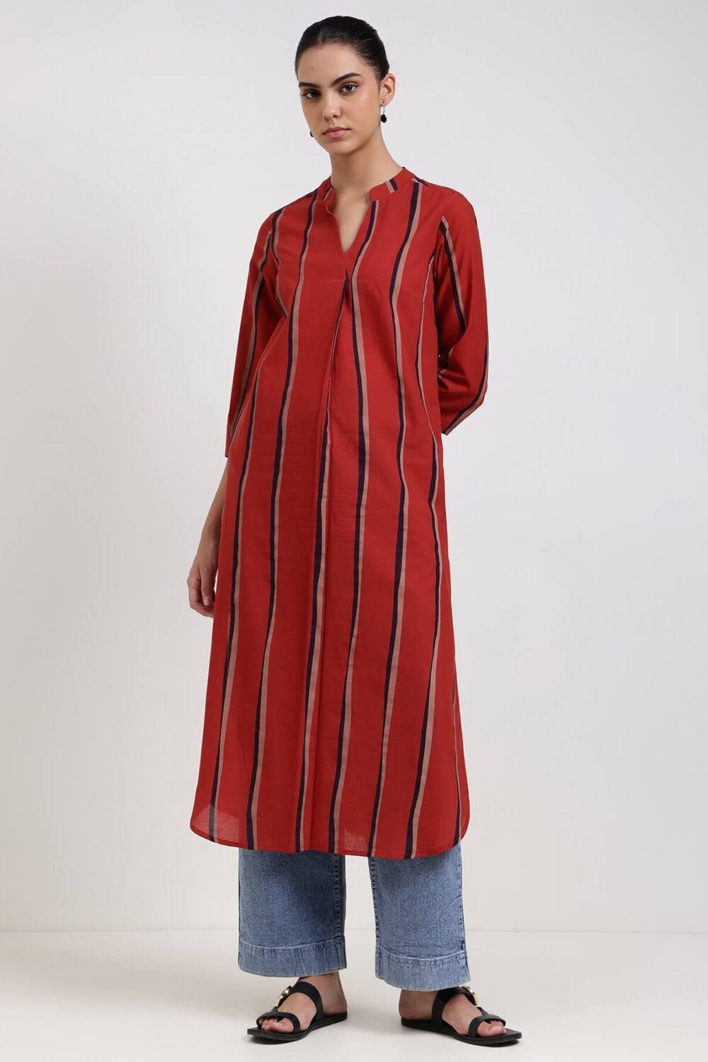 Cotton Striped Straight Kurta - Red