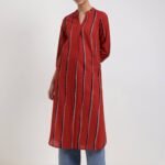 Cotton Striped Straight Kurta - Red