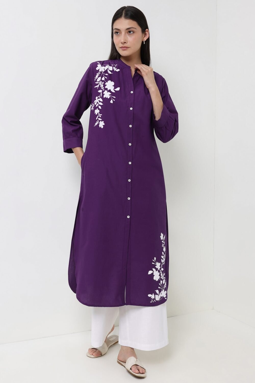 Cotton Floral Straight Kurta - Purple