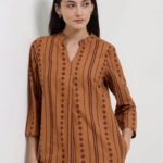 Cotton Striped Straight Kurta - Rust
