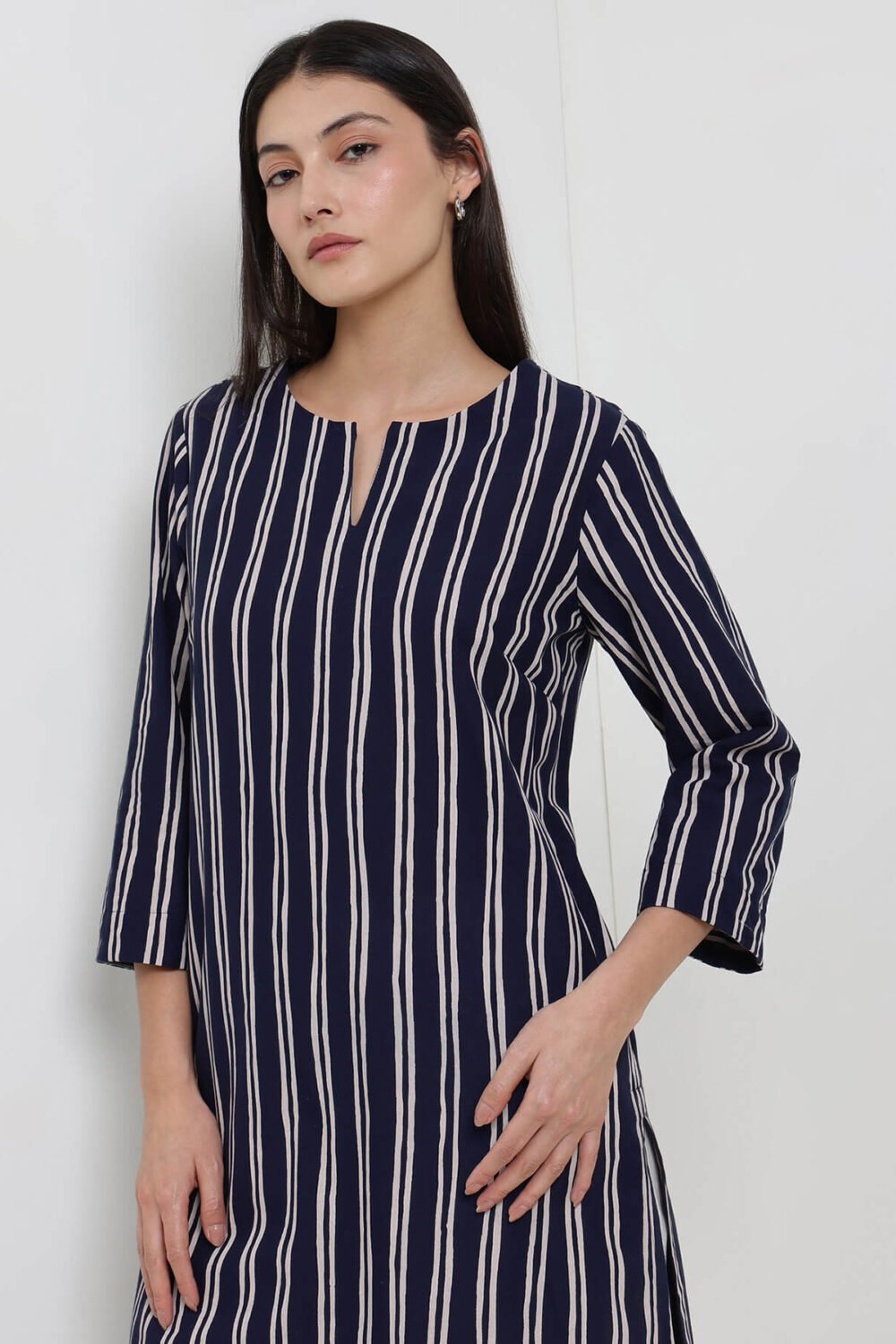 Cotton Striped Straight Kurta - Navy Blue