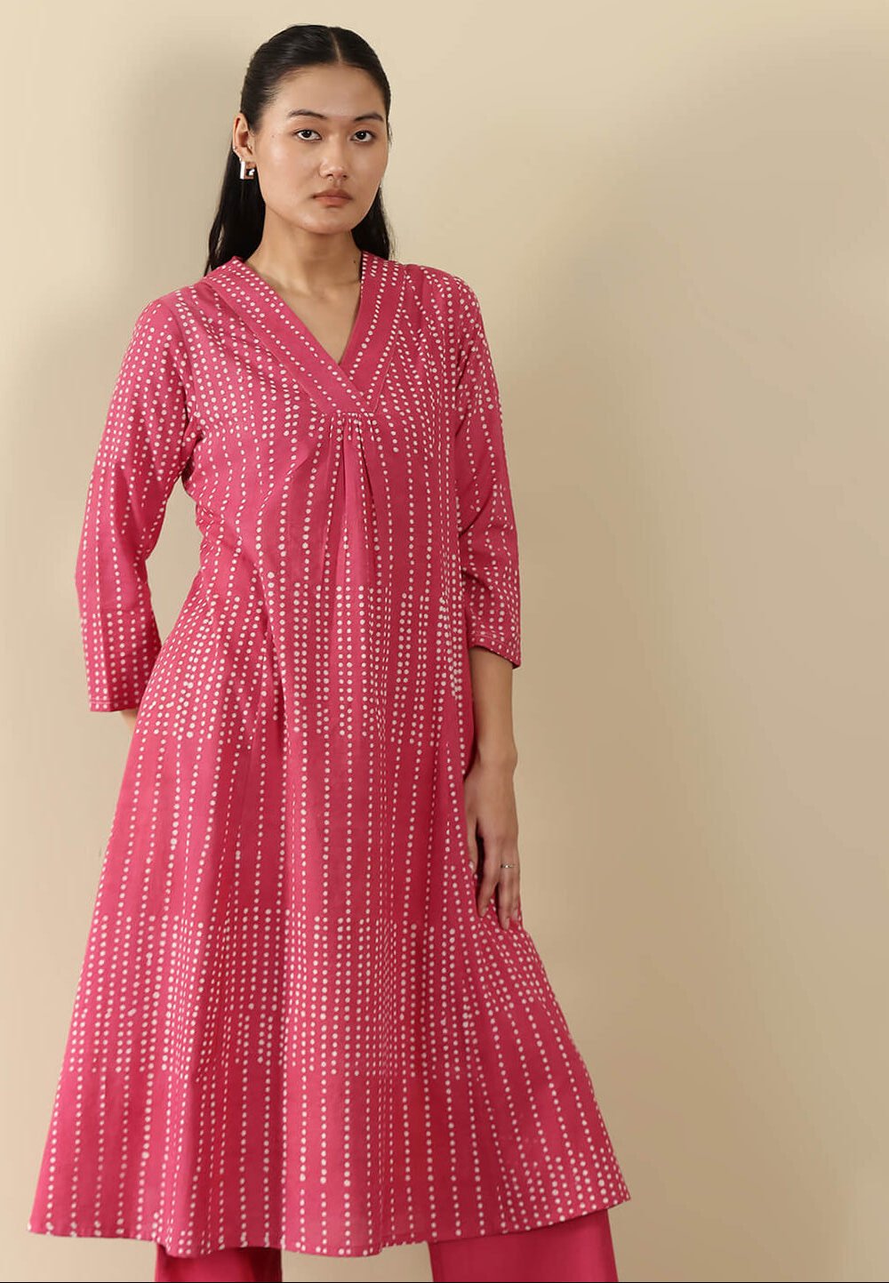 Cotton Dabu Polka A-Line Kurta Set - Pink