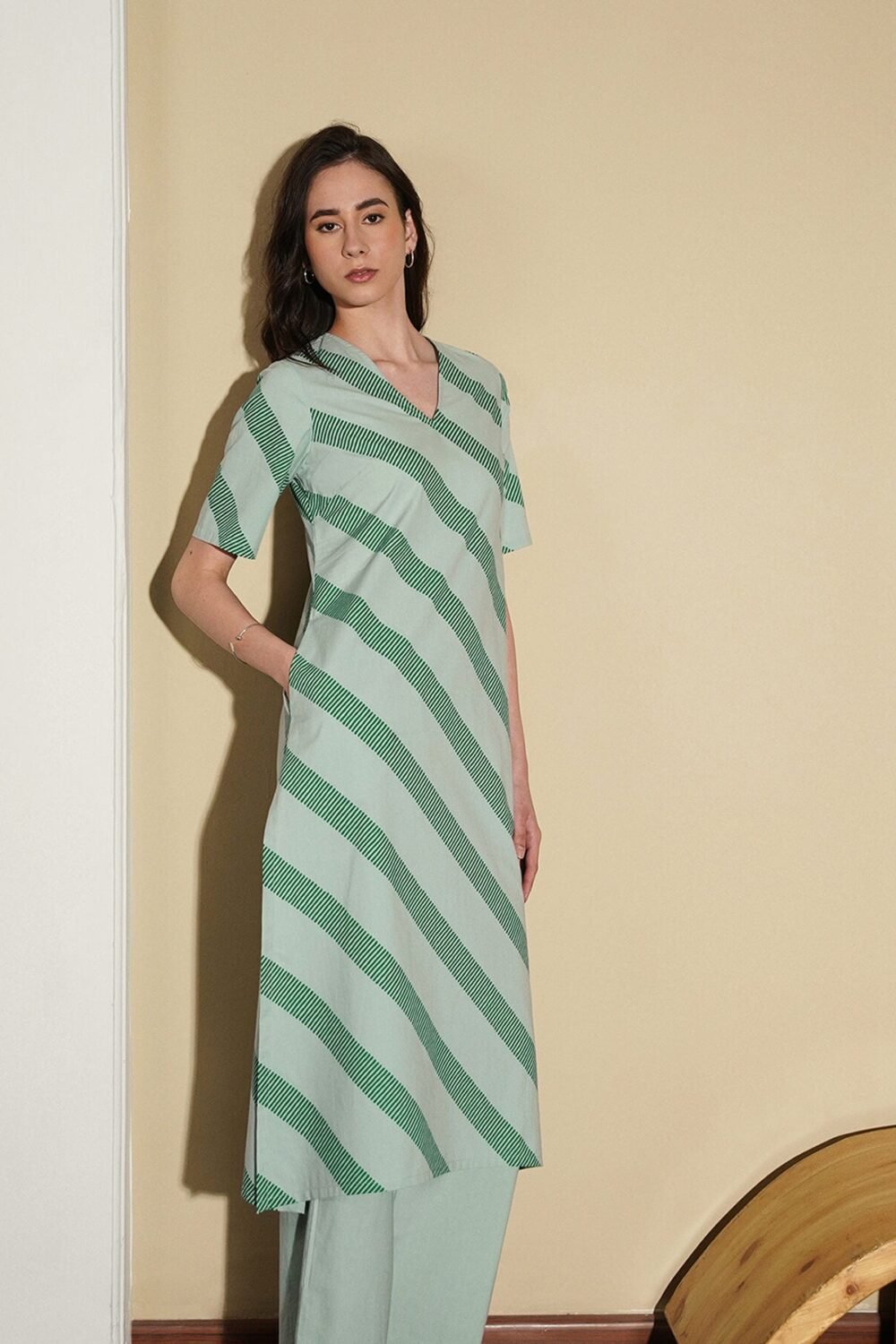 Cotton Striped Kurta Set - Green