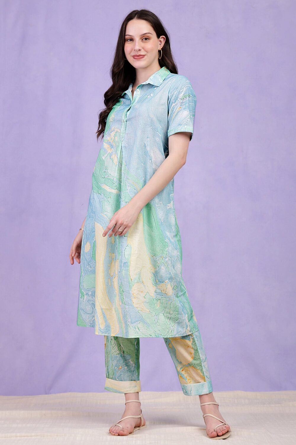 Cotton Cloud Print Kurta - Light Blue