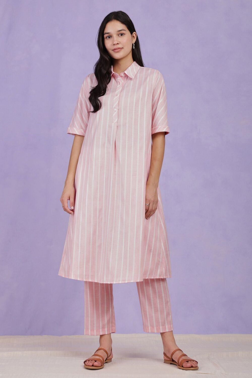 Cotton Lurex Striped Kurta - Pink