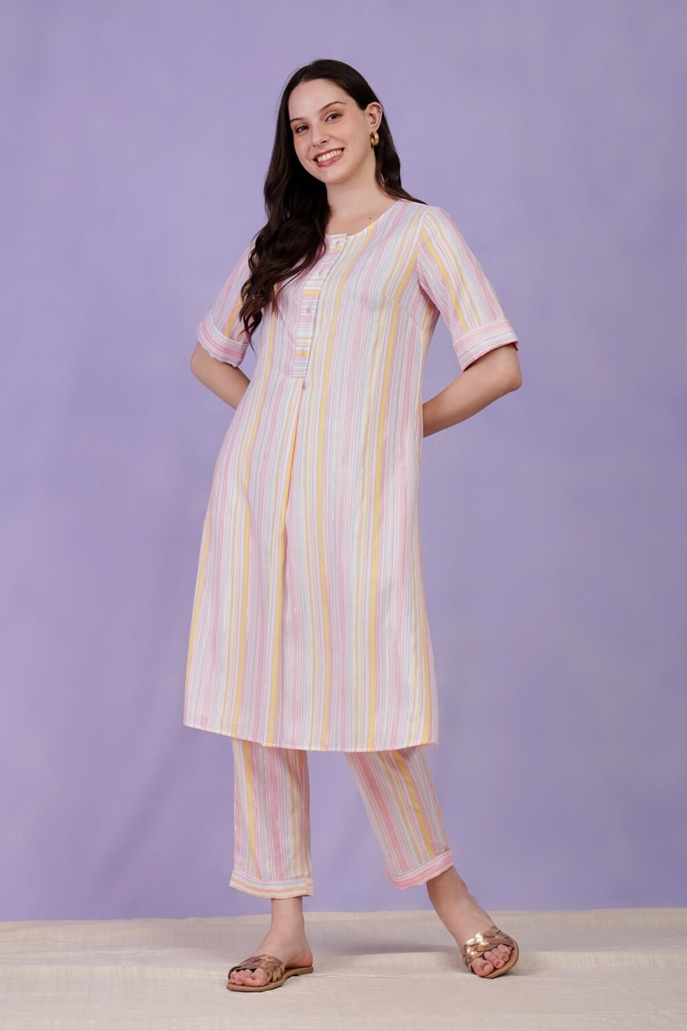 Cotton Striped Kurta - Pink & White