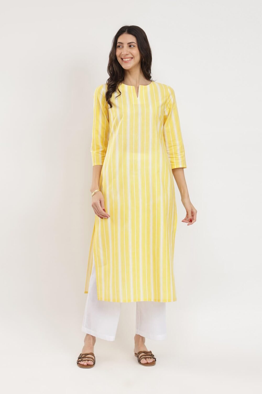 Cotton Striped Straight Kurta - Yellow