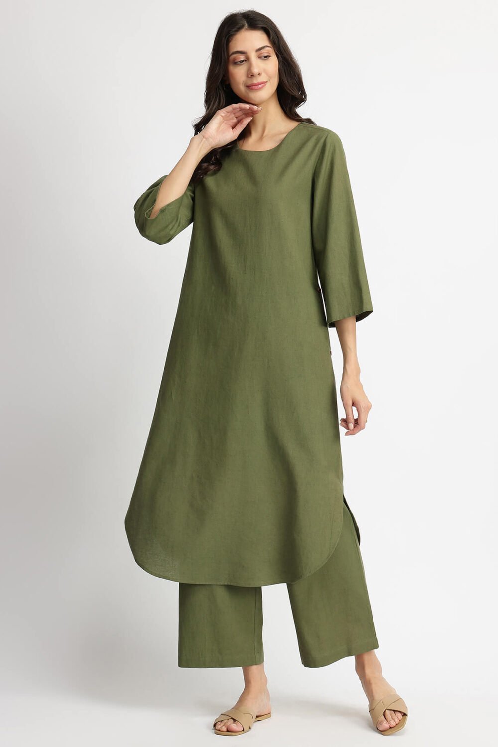 Linen Blend Solid Kurta Set - Olive