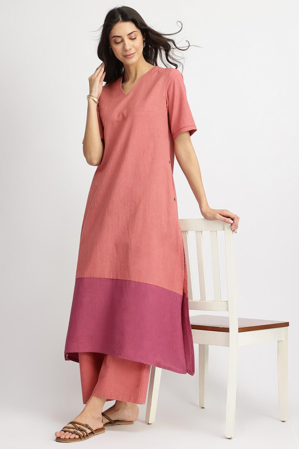 Linen Blend Colourblock A-Line Kurta Set - Pink