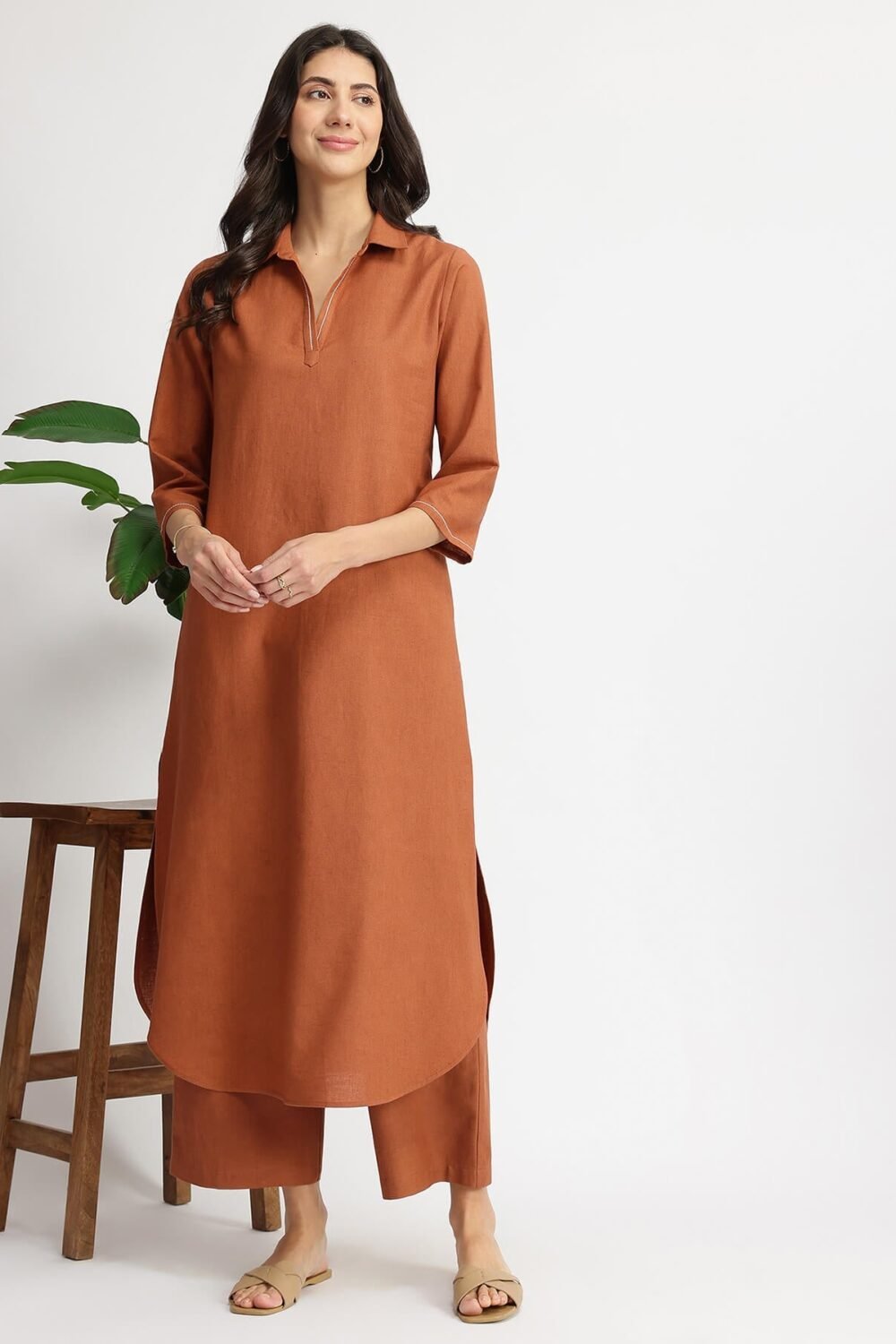 Linen Blend Solid Kurta Set - Rust