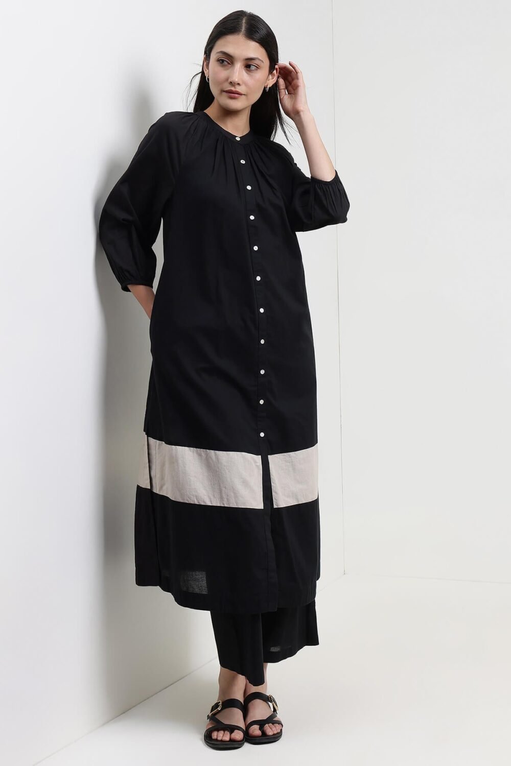 Cotton Colourblock Buttoned Kurta Set - Black & Off-White