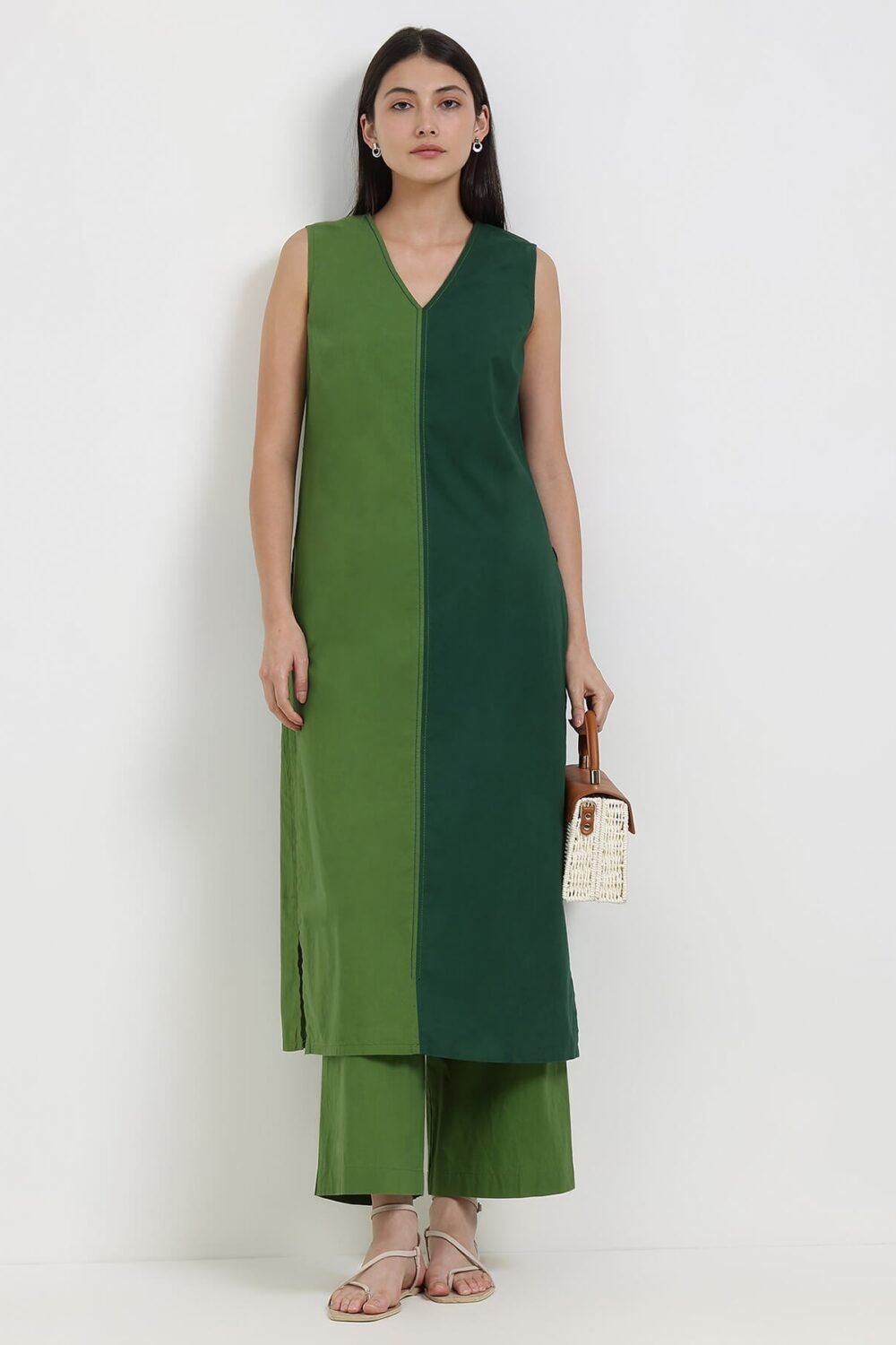 Cotton Colourblock Sleeveless Kurta Set - Green