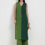 Cotton Colourblock Sleeveless Kurta Set - Green