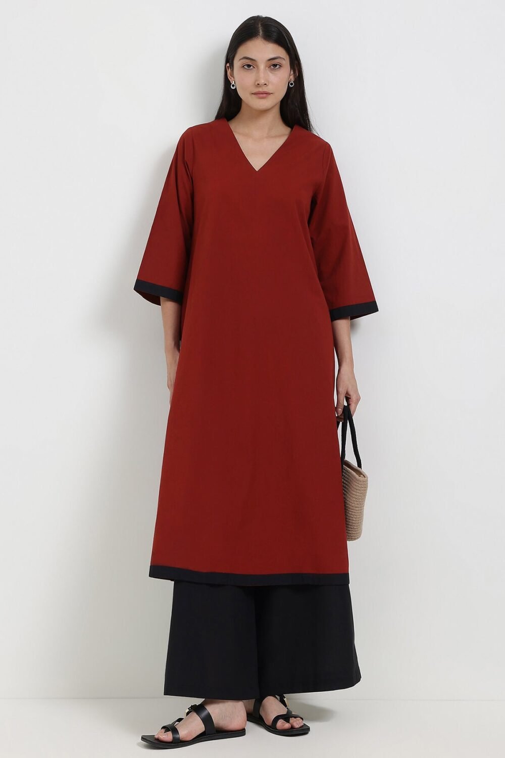 Cotton Colourblock Kurta Set - Maroon & Black