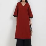 Cotton Colourblock Kurta Set - Maroon & Black