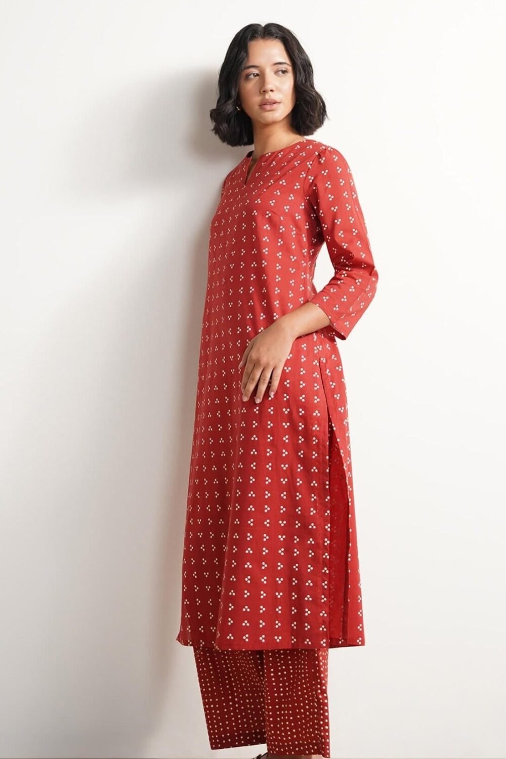 Cotton Tribal Print Straight Kurta Set - Red