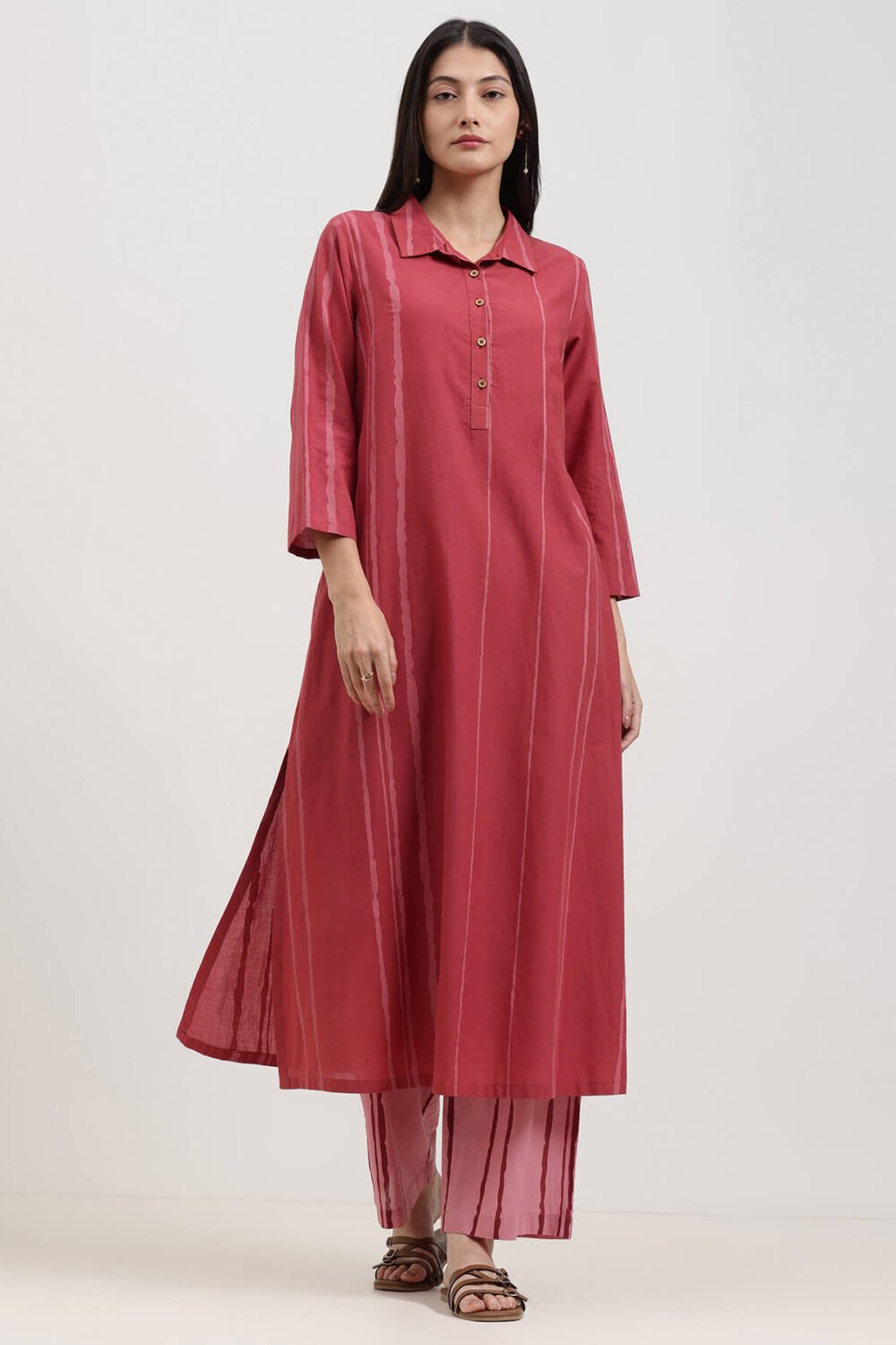 Cotton Striped Shirt Collar Kurta Set - Maroon & Pink