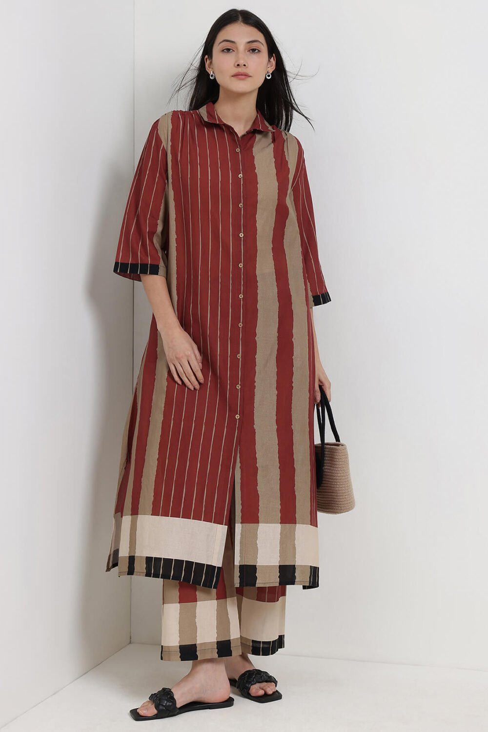Cotton Stripe Play Shirt Kurta Set - Beige & Rust